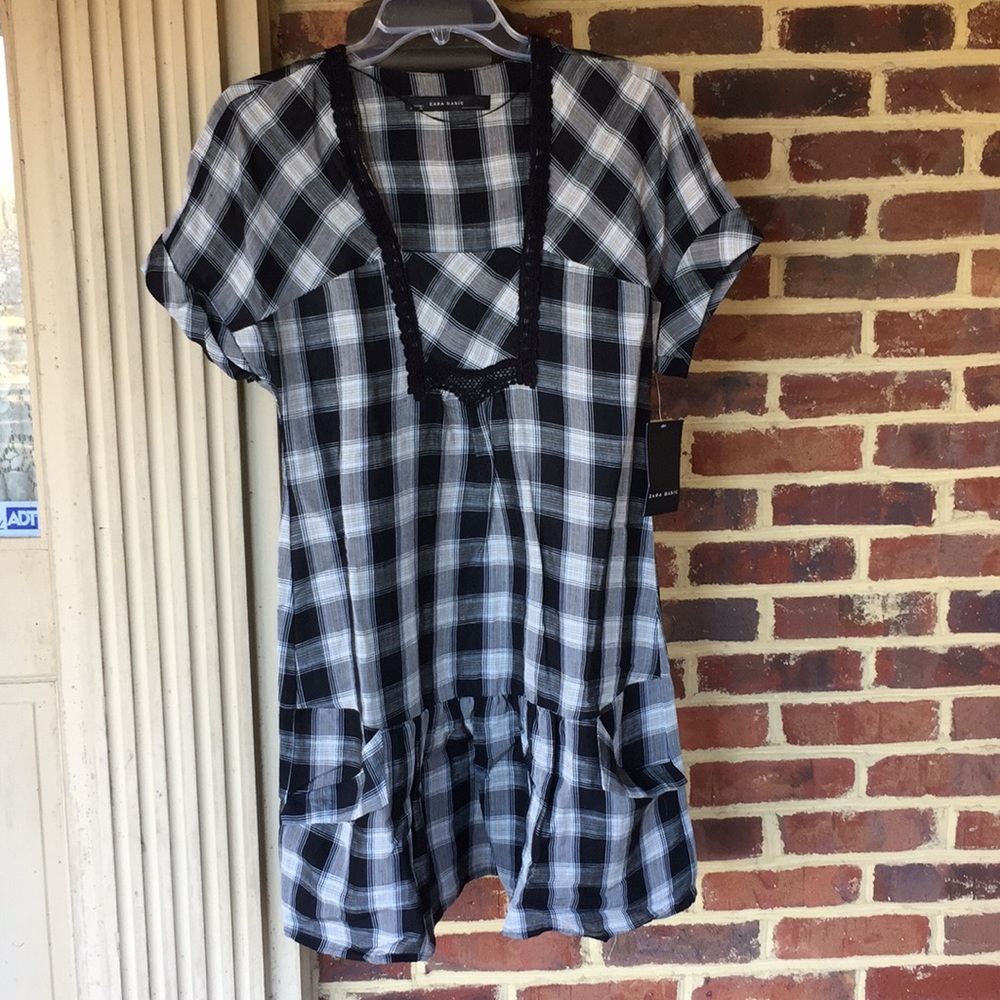 Zara black Plaid tunic/dress with cute details NWT